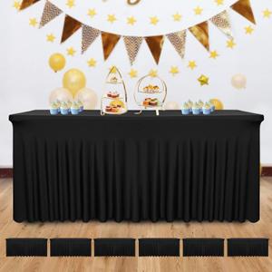 6 Pack Black Table Skirt, 96x30x30 Inch Stretch Spandex Fitted Table Cover for 8ft Rectangle Tables, Washable Wrinkle-Resistant Skirt for Party, Banquet, Wedding Decor