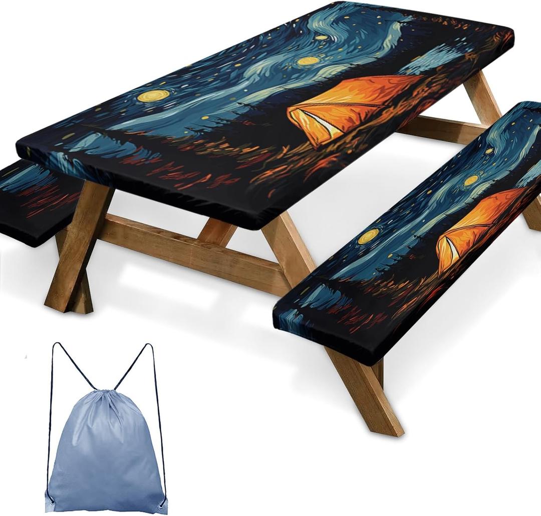 Picnic Table Cover with Bench Covers Elastic Edges, Art Camper Fitted Table Cover, Outdoor Patio Camping Essentials 72 Inch 3PCS, Waterproof Camping Fitted Tablecloth with Drawstring Bag