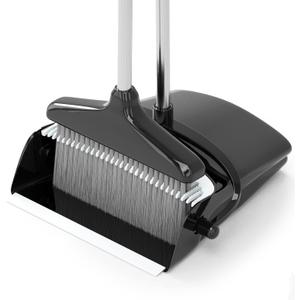 Broom with Dustpan Combo Set 54 Long Handle Household Dust Pan for Home Office Kitchen Cleaning Black & Grey