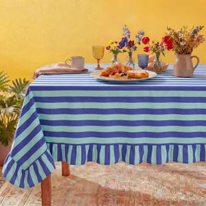Tudomro 1 Pcs Ruffle Edge Striped Tablecloth, 84'' x 60'' Scalloped Table Cover, Farmhouse Linen Fabric Cloth for Rectangle Table, Dining Room Bridal Shower Wedding Holiday Party(Cobalt, Sky Blue)