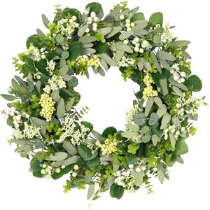 Vlorart 24-26 Inch Artificial Spring Summer Christmas Greenery Wreaths for Front Door Green Eucalyptus Leaf Wreath Decor Boxwood with Big Berries for Farmhouse Outside Year Round