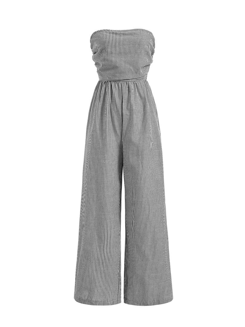winkbay Women's Summer Striped Ruched Tube Top Romper Strapless Wide Leg Going Out Jumpsuits Grey Large