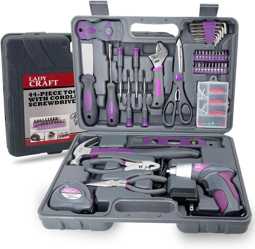 44PCS 4V Cordless Screwdriver Tool Kit Set Pink Color Tools Lady Tools Kit Home Repair Set Toolbox Hand Tool Kit Storage Case Gift Set LADYCRAFT