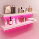 BAMEOS RGB LED Floating Shelves for Wall, 35" Wall Mounted Wooden Shelves with Invisible Brackets, Set of 2, Hanging Wall Shelves for Bedroom, Living Room, Kitchen, Study (White) (35 x 7)