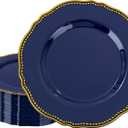 Hioasis 60pcs Blue Plastic Plates - Blue and Gold Disposable Dinnerware with Gold Rim, Heavy-duty, 10.25 inch, Dinner Plates for Party & Wedding