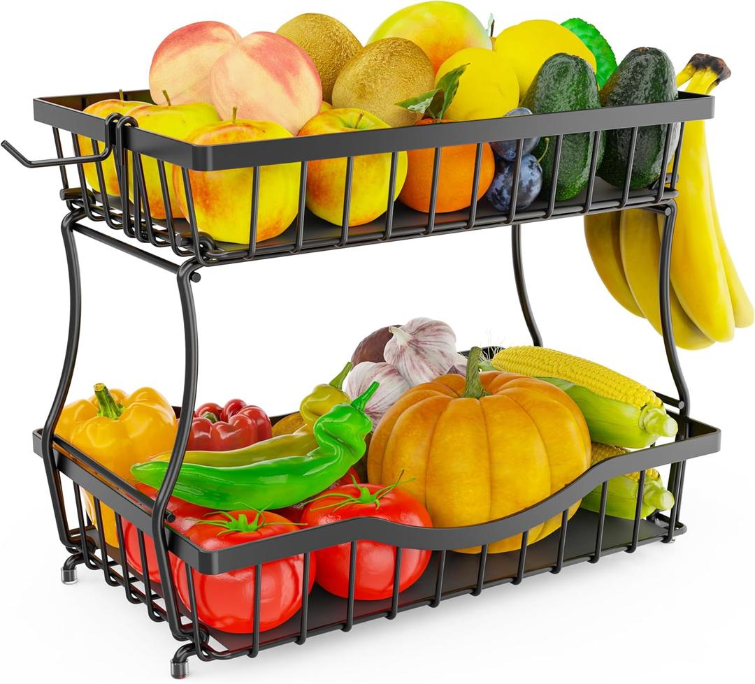 Large 2 Tier Fruit Basket for Kitchen Counter with 2 Banana Hangers, Metal Fruit Bowl with Protection Mats for Vegetable Bread Snack, Countertop Organizer  Black, 14.5" W x 9.5" D