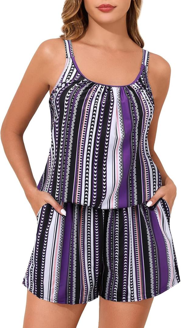 Summer Mae Swim Romper Women's One Piece Swimsuits with Pockets 2026 Blouson Modest Bathing Suits (Purple, 16)