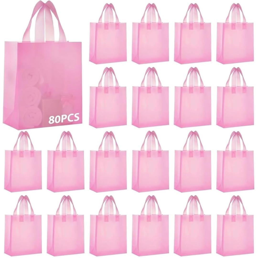 Amylove 80 Pcs Mother's Day pink Gift Bags Bulk Frosted Pink Plastic Bags with Handles for Mother Teacher Appreciation Party Favors Boutique Retail Small Business Wedding Gift Packaging 10"x 8"x 4"