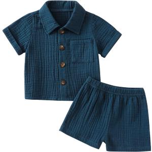 Baby Boys Clothes Set Toddler Infant Boys Button-down Shirt Tops + Cotton Gauze Shorts Summer Outfit 2PCS with Pockets (0-6 Months, Navy Blue), 70