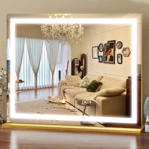ROLOVE Gold Vanity Mirror with Lights 23x18 Inch, 3-Color Dimmable LED & Touch Control - Large Makeup Mirror for Dressing Room (Wall/Tabletop Mount)