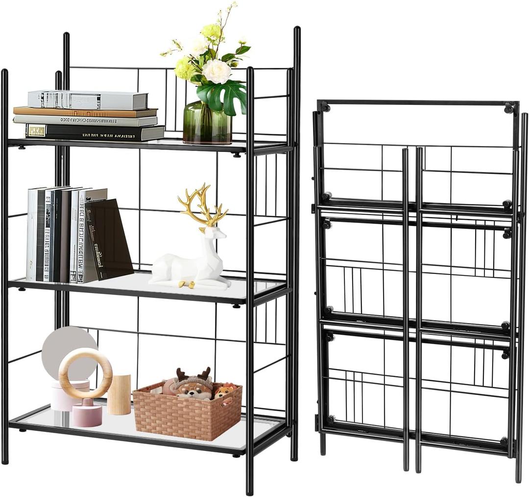 No Assembly Bookshelf, 3 Tier Stylish Black Folding Book Shelf, Foldable Bookcase with Glass Shelf, Small Collapsible Display Case Storage Organizer for Bedroom, Living Room