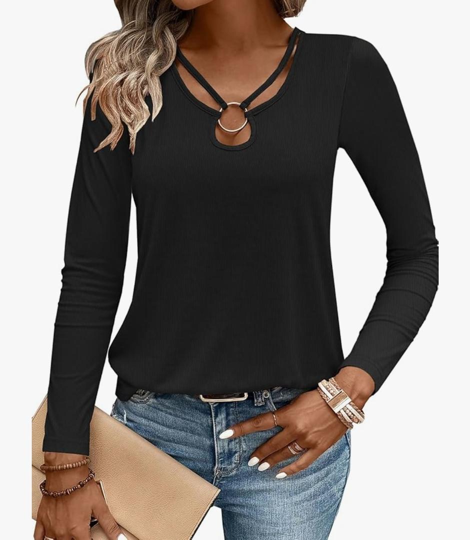 Womens Long Sleeve Shirts Fall 2025 Sexy Tops Ribbed Knit Cut Out Ring Keyhole Neck Casual Tees, XL