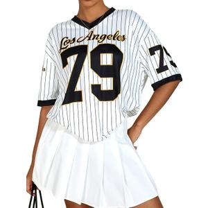Milumia Women's Number Striped Print V Neck Half Sleeve Oversized Jersey T-Shirt (XL)