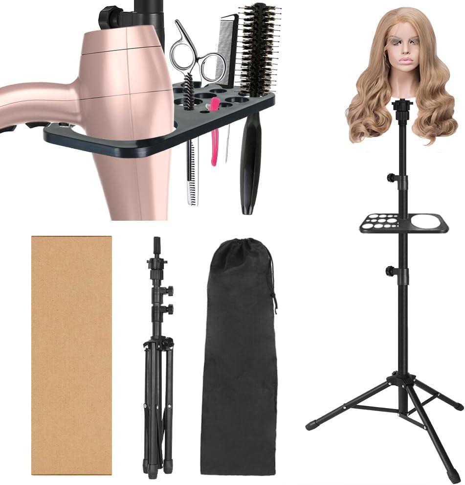 ZQIAN BEAUTY 50 Inch Metal Wig Stand, Adjustable Wig Head Stand, Mannequin Head Stand for Cosmetology Hairdressing, Wig Stand Tripod with Tool Tray (Black, Mannequin Head Not Included)