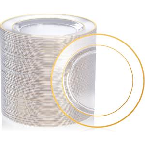 FOCUSLINE 7 Inch Small Clear Gold Plastic Plates 100 Count, Disposable Heavy Duty Clear Plates with Gold Rim, Premium Hard Plastic Plate Fancy Disposable Salad Plate for Wedding Parties