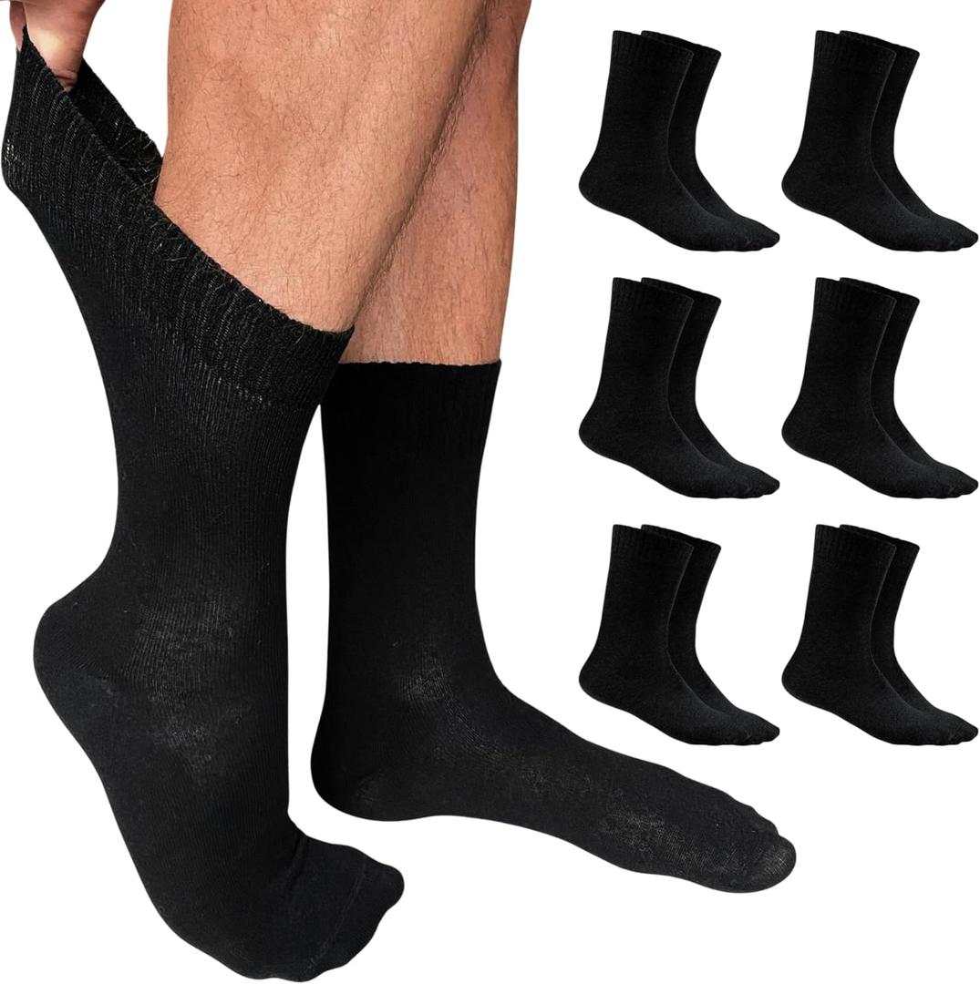 Cotton Diabetic Crew Socks - 6 Pairs Thin, Black Diabetic Socks for Men Size 13-15 Non-Binding & Seamless
