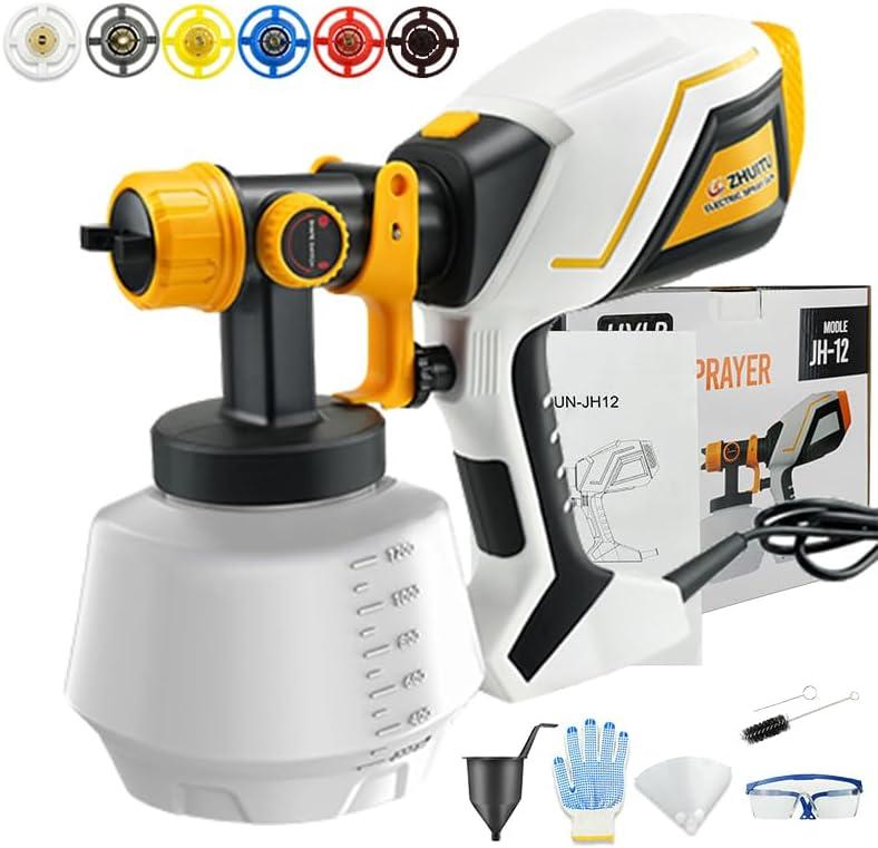 Paint Sprayer 1000W HVLP Electric Spray Paint Gun with 6 Copper Nozzles and 3 Spray Patterns 1200ML High Capacity Container for Furniture, Fences, Walls, Garage Doors (Yellow)
