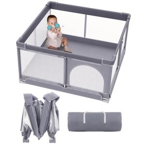 Foldable Baby Playpen, 51"x51" Indoor & Outdoor Play Yard with Single-Joint Frame, Breathable Mesh, Non-Slip Base, Portable Playpen for Toddlers and Infants (Grey)  