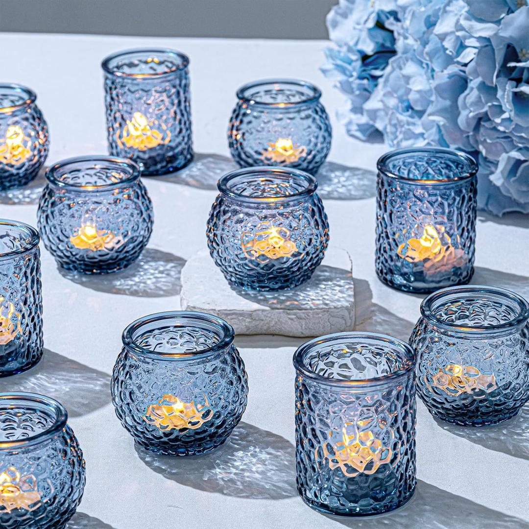 WELLIFE 24-Piece Blue Glass Votive Candle Holders Set Tealight Candle Holder Glass Bulk with 12 Round & 12 Hammered Textured Cups, Blue Votive Candle Holders for Weddings, Parties, Home