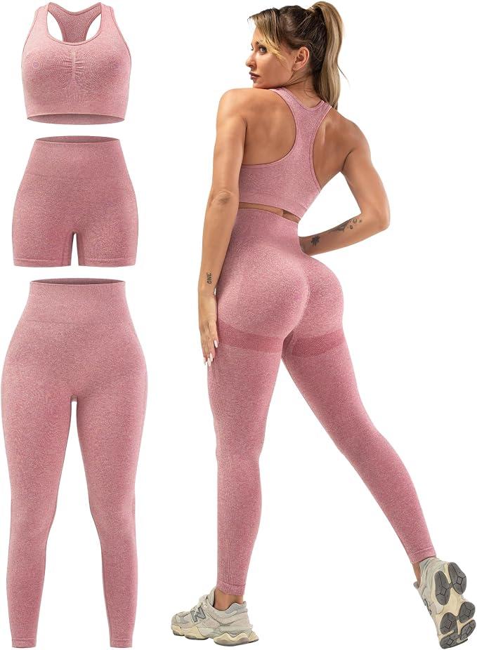 3 Piece Workout Sets for Women Butt Lifting Leggings with High Impact Sports Bra Gym Shorts
 (M)