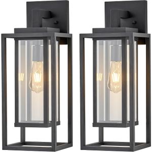 21" Outdoor Wall Light Fixtures Waterproofed Exterior Lantern W/Sturdy Rectangular Double Cage In Satin Black&Clear Tempered Glass,Sconce Mounted For House Patio,Front door,Porch,Garage Lighting 2Pack