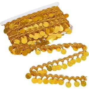 10 Yards Gold Coin Shape Sequin Tassel Trim Sequins Bead Fringe Lace Trimming Braid Metallic Glitter Belly Ribbon Chain Bulk for Sewing Making Clothes Dresses Dance Crafts Costume Accessory