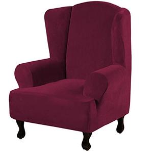 H.VERSAILTEX Wingback Chair Covers Velvet Plush Wing Chair Slipcover 1 Piece High Stretch Wing Back Chair Slipcovers Sofa Cover Furniture Cover with Elastic Bottom, Burgundy