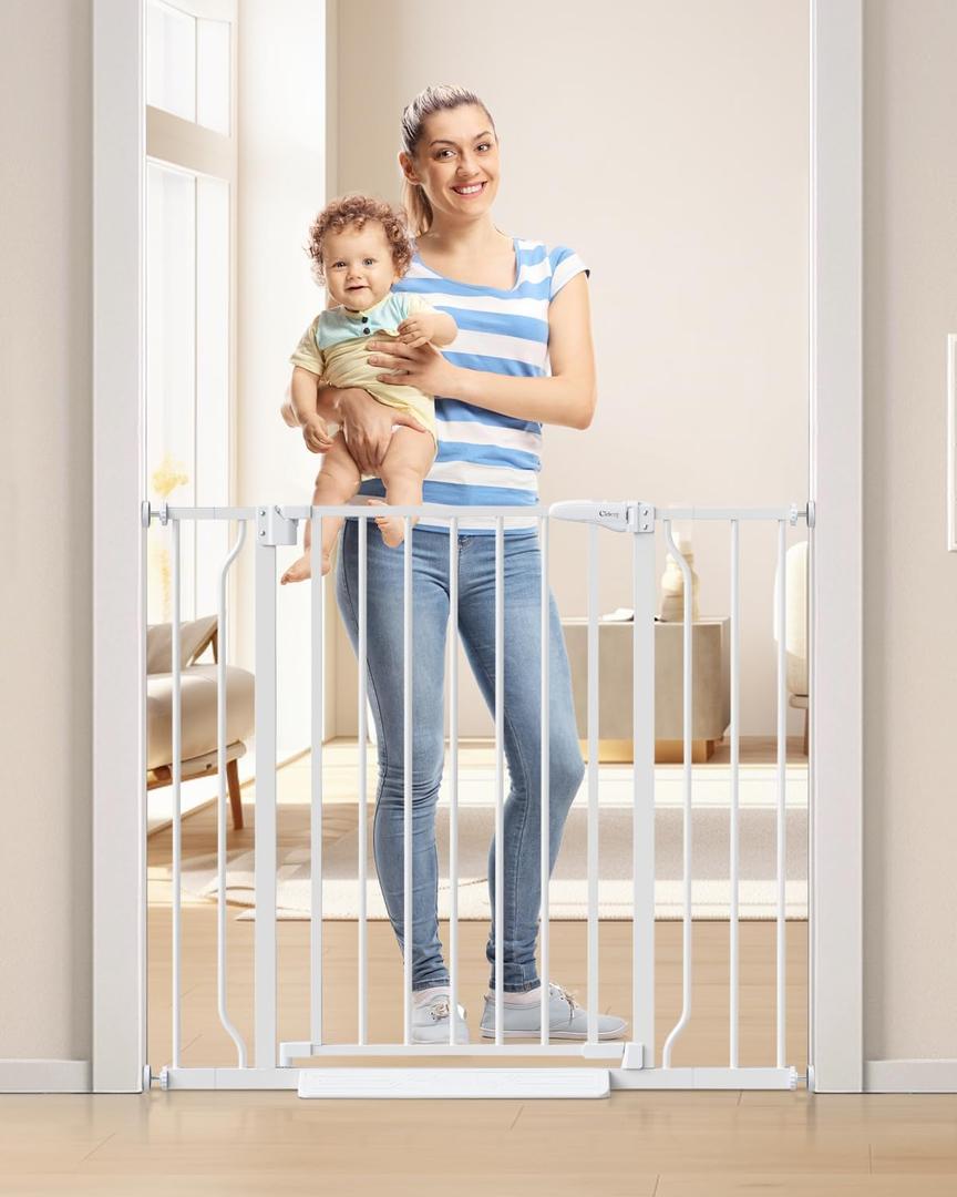 34" Extra Tall Baby Gate for Stairs, Auto Close Stroller Friendly Dog Gate Indoor for Doorways, Pressure Mounted 29"-40" Wide Baby Gate, Easy Walk Through Gate for Children & Pets, White