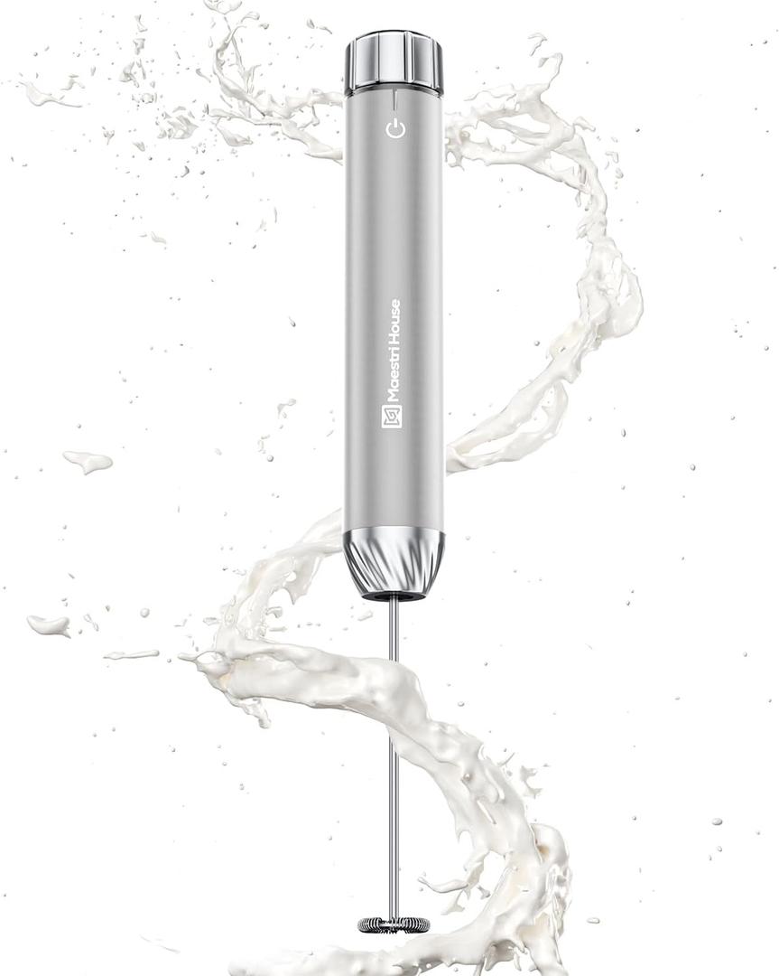Maestri House Rechargeable Milk Frother with Stepless Speed Control, LunaFro Max Handheld Electric Foam Maker Waterproof Drink Mixer Foamer with Stand & Detachable Whisks for Lattes, Cappuccino (Silver)