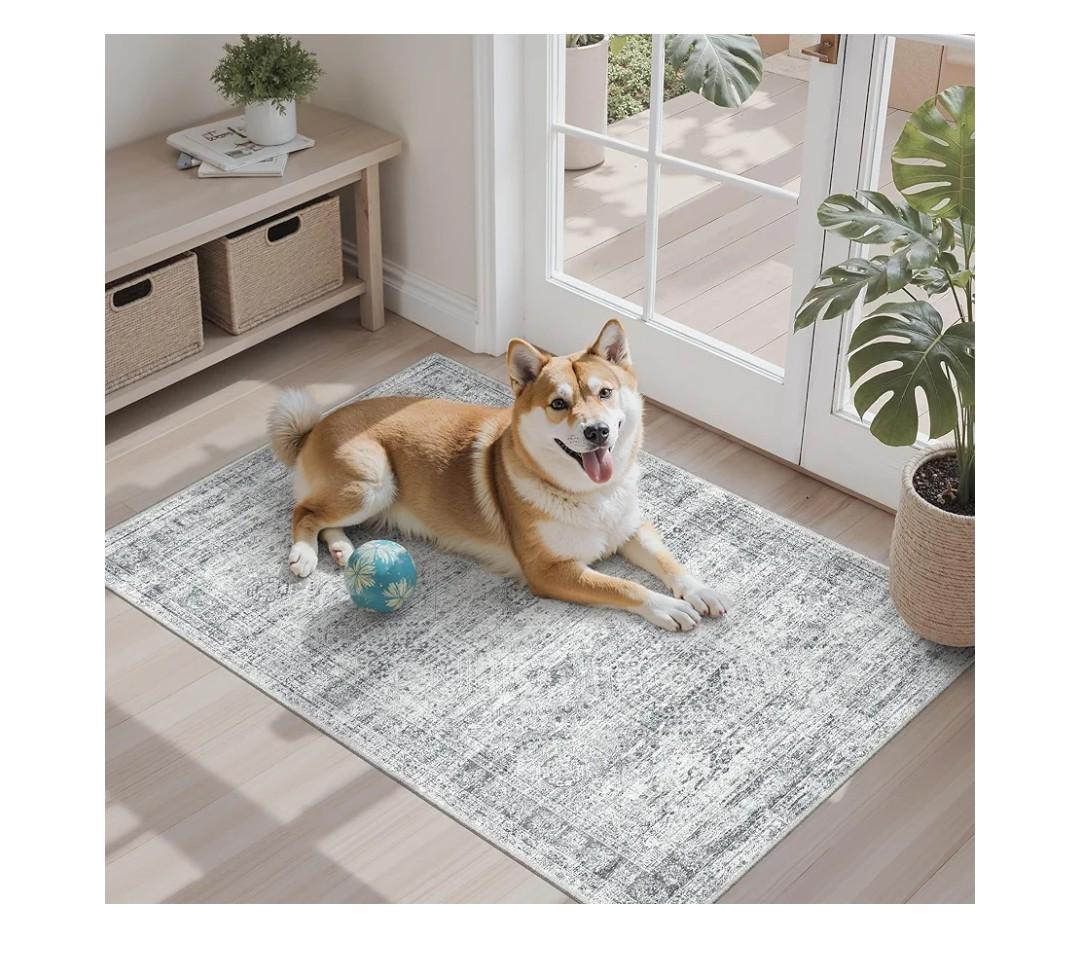 2x3 Washable Rugs for Kitchen, Floor, Entryway, Powder Room Small Area Rug Non-Slip Vintage Low Pile Throw Door Mat Grey