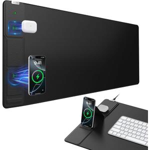 Wireless Charging Mouse Pad with Foldable Phone Holder, 31.5"x15.8" Large Desk Mat for Laptop/ Keyboard, Waterproof Ultra-Smooth Surface, Non-Slip Base, Black