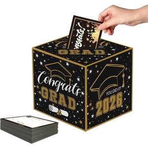 3 x 2026 Black Gold Graduation Card Box & 45 Advice Card Set - Congrats Grad Card Holder with Wishing Cards for Graduation Party Decor