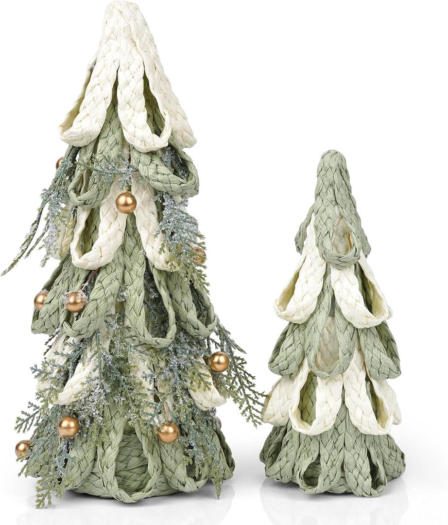 2PCS Hand Woven Christmas Tree Decor, Set of 11.8 Inch and 8.3Inch Tabletop Trees with Golden Berries, Farmhouse Winter Decor for Centerpiece, Mantel, Holiday Home Decorations (Sage Green and White)