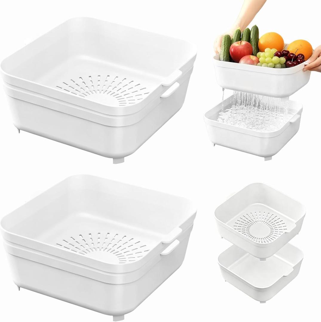 2PCS Nesting Plastic Colander & Strainer Set, 2-in-1 Fruit Washing Bowl with Strainer for Veggies, Berries, Pasta, Large Capacity BPA Free Dishwasher Safe