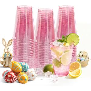 50 Pack Plastic Cups Disposable 12 oz Pink Glitter Party Cups for Cocktail Fancy Clear Plastic Cup Drinking Cups for Easter Birthday Wedding Graduation