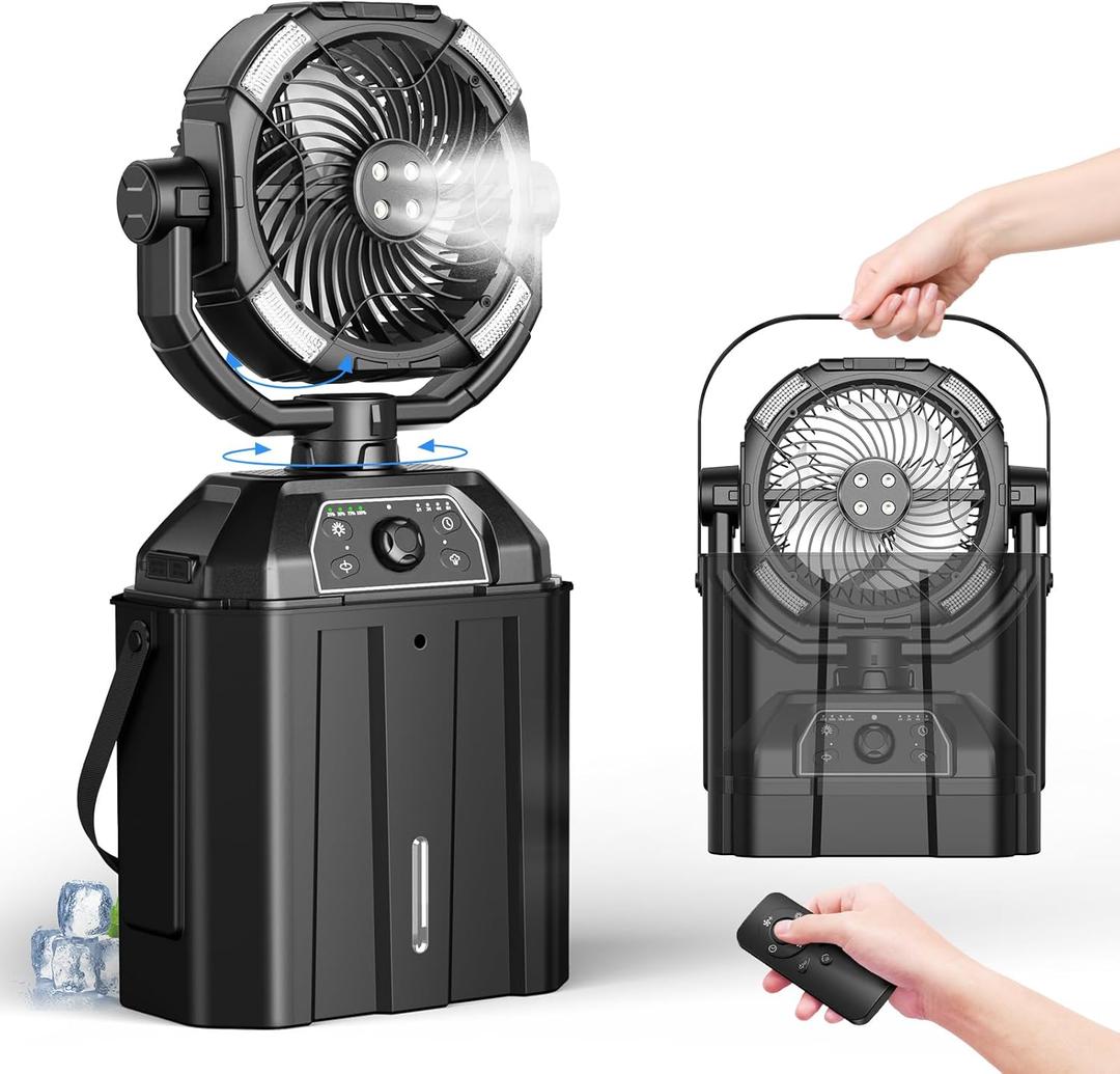 Misting fan with 7L bucket 90Oscillating ,4 Spray Mister 25000mAh Rechargeable Camping fan with Remote Control Stepless Speed and Timer for Patios/CampingWaterproof Design Outdoor Fans (Black)