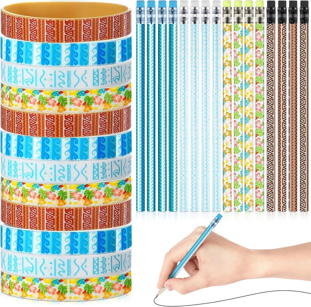 72 Pcs Tropical Birthday Party Favors Set Hawaii Ocean Movie Theme Pencils and Silicone Wristbands Tropical Bulk Party Decorations for Birthday Teachers Rewards Gift Bag