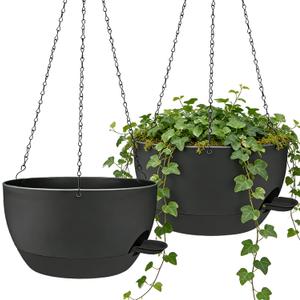 2 Pack 12 Inch Self Watering Hanging Planters for Indoor Plants, Large Black Plastic Hanging Pots with Chains for Outdoor Patio Garden Home Decor Black