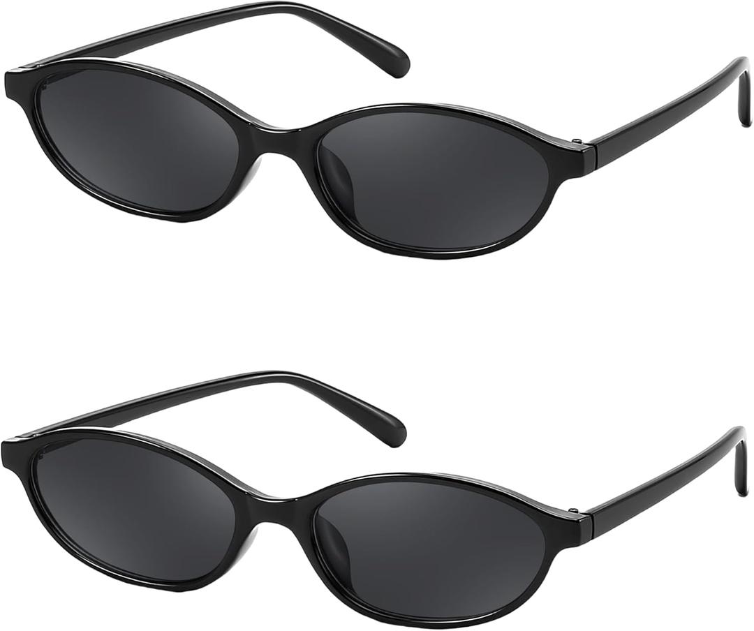 Tsctswk 2 Pack Retro Oval Sunglasses for Women,90s Chic Cat Eye Lightweight Trendy UV protection Sun Glasses for Womens (Black Frame/Grey Lens + Black Frame/Grey Lens)