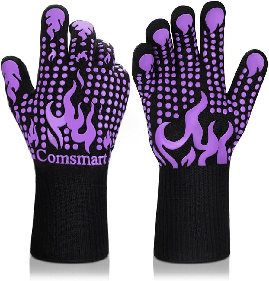 Comsmart BBQ Gloves, 1472 Degree F Heat Resistant Grilling Gloves Silicone Non-Slip Oven Gloves Long Kitchen Gloves for Barbecue, Cooking, Baking(Purple) 