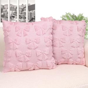 Coquette Room Decor-Bow Throw Pillow Covers 18x18in Set of 2,Pink Soft Plush Faux Fur Pillow Case with Bows for Large Couch Sofa Home Indoor Outdoor Holiday Decorations