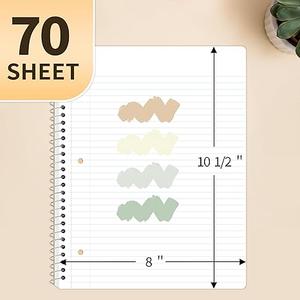 SUNEE Spiral Notebooks College Ruled, 1-Subject, 4 Pack, 8 x 10-1/2 inch, 70 Sheets, 3-Hole Punched Paper, Green, Grey, Beige, Red for Work, Home & School, Writing Journal