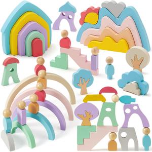 Lewo Wooden Building Blocks for Toddlers, 46 Pcs Montessori Stacking Toys with Rainbow/Little People/Tree/House/Mountain, Learning Toddler Toys Birthday Gifts for Baby Kids 3 4 5 Years Old