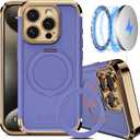 COOLQO for iPhone 15 Pro Max Case 6.7'' Upgraded 360° Spin Magnetic Stand [Compatible with Magsafe][Military Protection] Shockproof Protective Phone Holder Cover for iPhone 15 Pro Max, Purple Gold