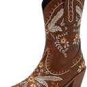 CIERWS Women's Embroidered Western Cowboy Boots Knee High Medium Heel Chunky Heel Fashion Retro Classic Boot, Brown US 5