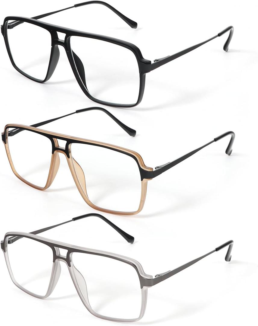 MMOWW 3 Pack Retro Aviator Reading Glasses for Men Women Square Blue Light Blocking Readers Spring Hinges