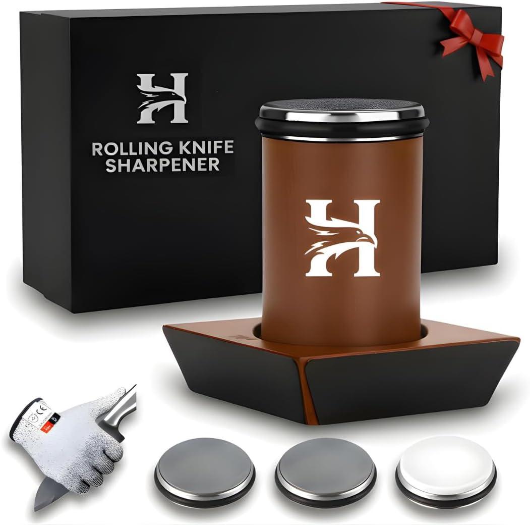 4 Angles High Carbon Stainless Steel Rolling Knife Sharpener with 400, 1000 & 3000 Replacement Discs - Blunt Knife Sharpening Kit with 15, 18, 20, and 22 Sharpening for Kitchen & Chef's Knives
