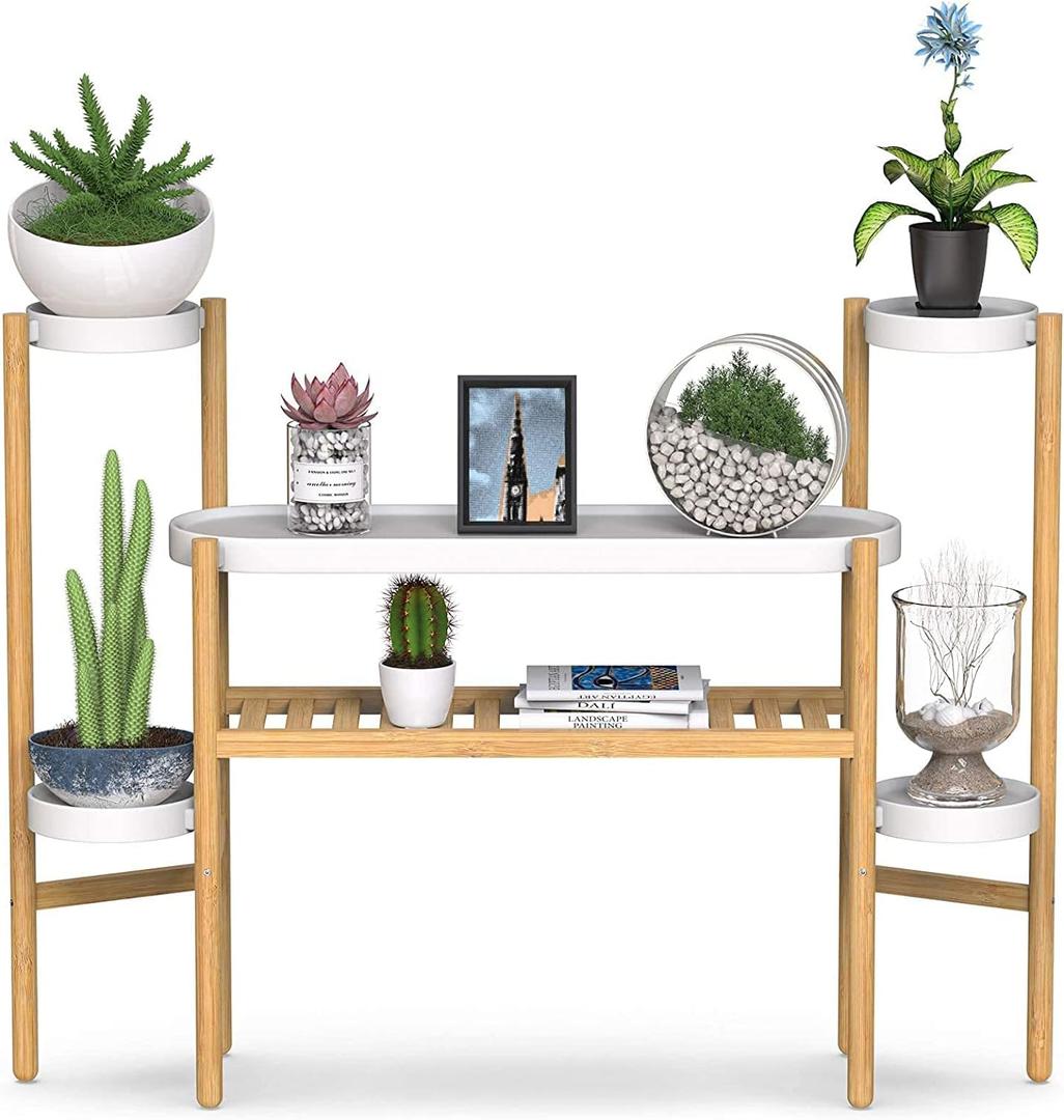 Wisuce Bamboo Plant Shelf Indoor, 3 Tier Tall Corner Plant Shelves Holder & Plant Display Rack for Outdoor Garden Indoor Home