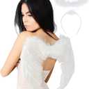 SEVADA Angel Wings Costume for Adult Gilrs, White Black Feather Angel Wings for Kids (Large 23.8 x 17.7")