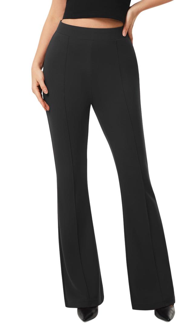 AFITNE Women's Dress Pants High Rise Flare Pull On Stretchy Work Pants Business Office Casual Slacks with Pockets 28" Black, L